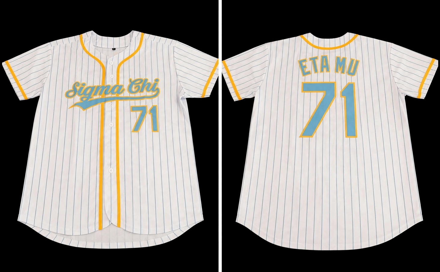 Front and back of the custom Eta Mu baseball jersey raffle prize
