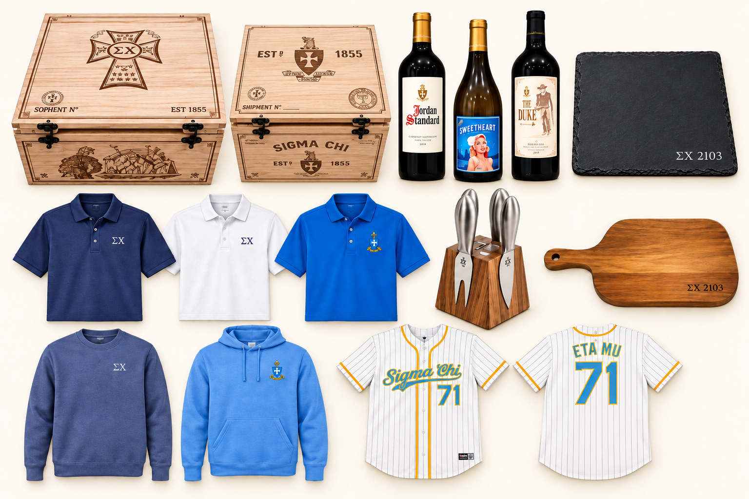 Homecoming raffle items including Sigma Chi wine boxes, wine, apparel, serving boards, knives, and jerseys